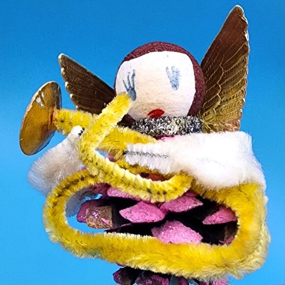 Vintage Putz Angel Ornament Pinecone Chenille Gold Foil Horn Mica Snow Japan Chr - Picture 4 of 10